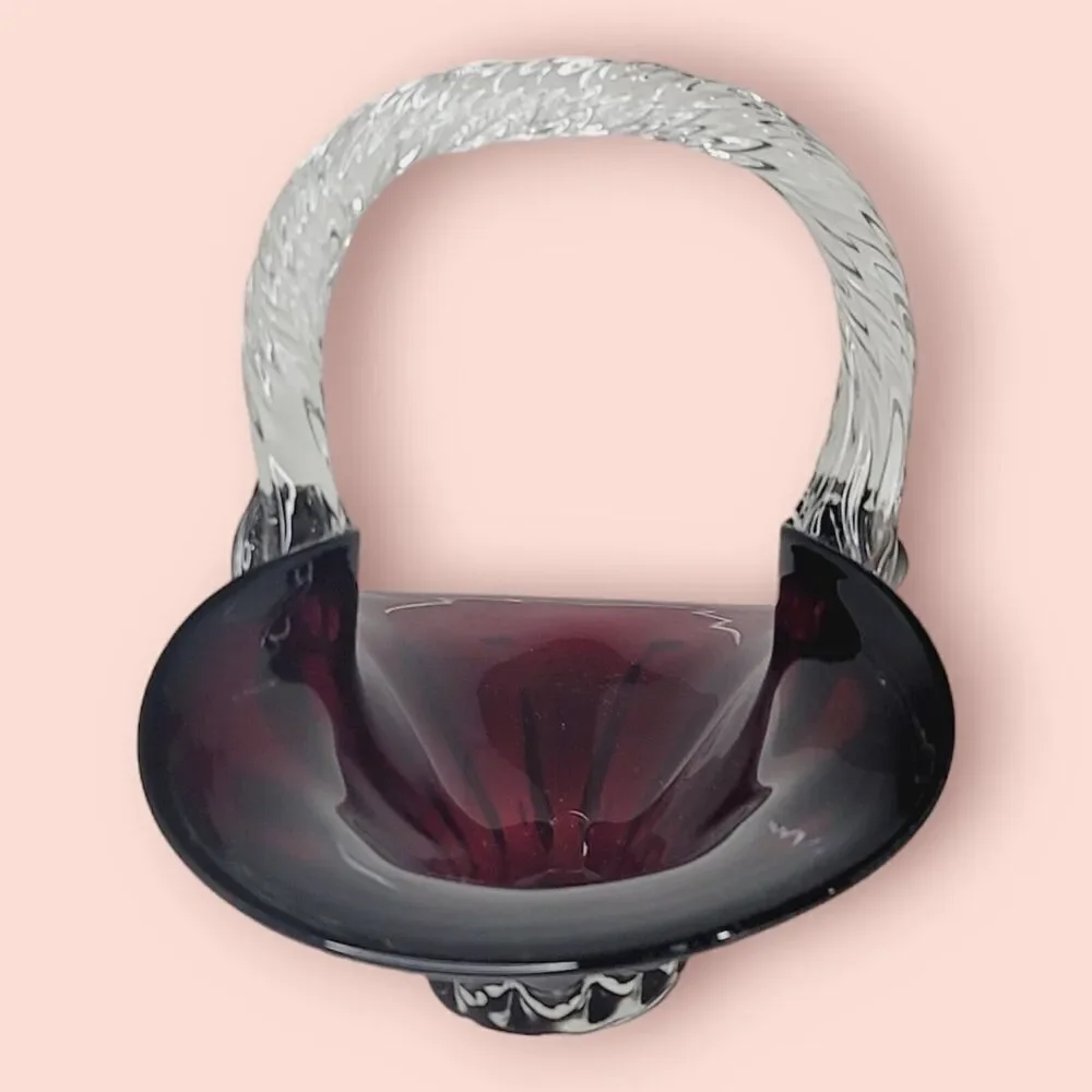Ruby Red Hand Blown Art Glass Basket Applied‎ Handle Clear Ground Base